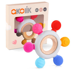 Akolik baby teether with varied textures for sensory exploration.