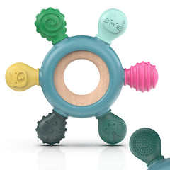 Akolik teething toy blue B uses safe silicone to soothe gums.