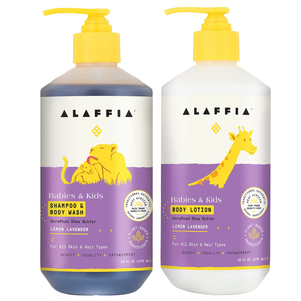 Alaffia Babies & Kids Shampoo and Body Wash bottle with lemon lavender scent for gentle daily cleansing.