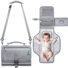 Alatino portable changing pad with shoulder strap enables easy on the go diaper changes.