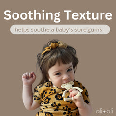 Ali+Oli sheep teether offers freezable cooling for sore gums.