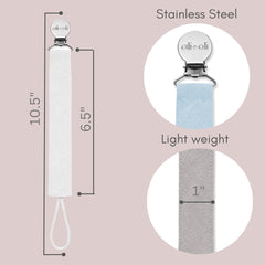 Ali+Oli Sky pacifier clip close-up with stainless steel clasp and durable linen
