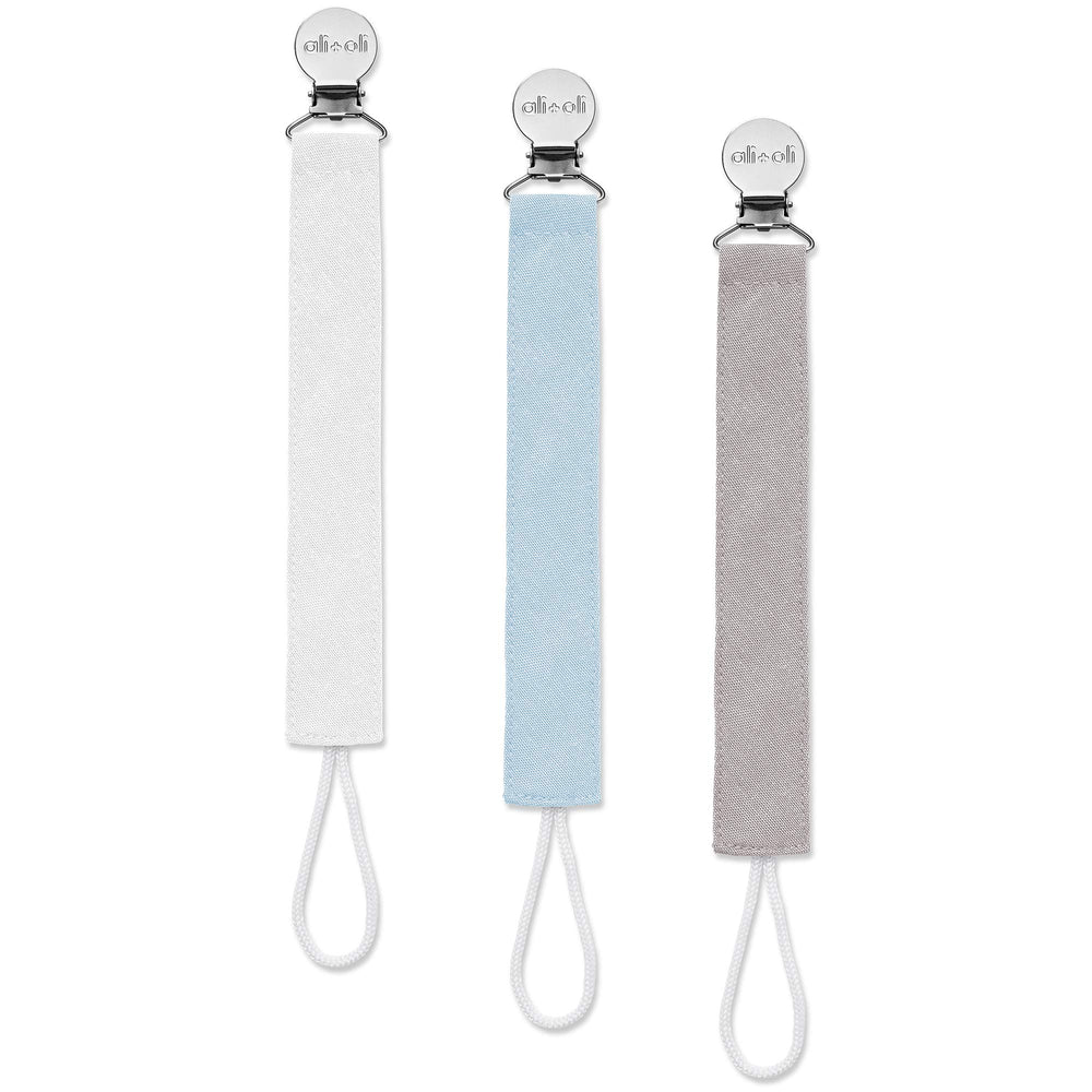 Ali+Oli Sky linen strap pacifier clip three-pack front view for easy pacifier access