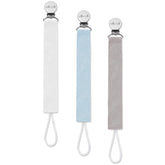Ali+Oli Sky linen strap pacifier clip three-pack front view for easy pacifier access