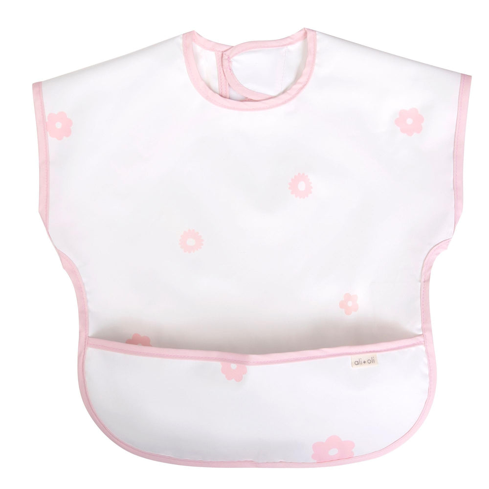 Ali+Oli baby smock bib with short sleeves in pink flowers protects outfits during meals