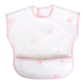 Ali+Oli baby smock bib with short sleeves in pink flowers protects outfits during meals