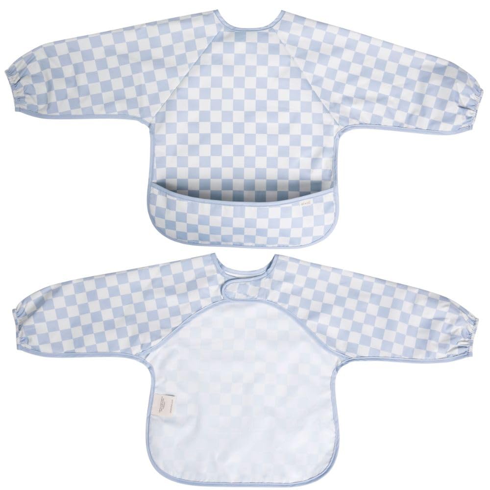 Ali+Oli blue checkers smock bib front view for mess-free mealtimes.