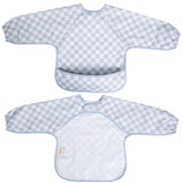 Ali+Oli blue checkers smock bib front view for mess-free mealtimes.
