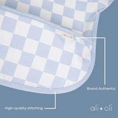 Ali+Oli Smock Bib blue checkers in action at mealtime to catch spills