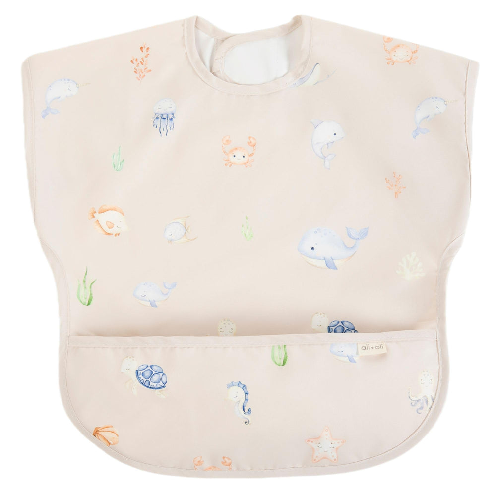 Ali+Oli Undersea smock bib with short sleeves, waterproof for mess-free meals.