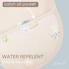 BPA-free and vinyl-free Ali+Oli bib for safe feeding.