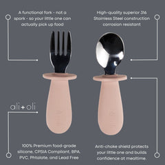 Powder pink silicone handles provide comfortable grip for little hands during meals