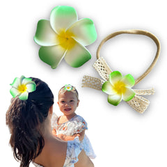 All Things Lani mommy and baby plumeria headband in Grass, front view for photos