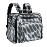 ALLCAMP diaper bag backpack in zebra pattern with open compartments for quick access.
