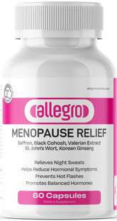 Allegro Menopause Relief bottle front illustrating natural symptom support.