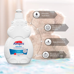 Almipro emollient baby daily lotion texture closeup shows smooth absorption for face and body