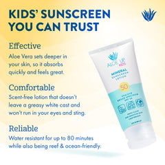Aloe Up Kids sunscreen quick absorption with aloe vera base.