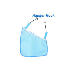 Alovexiong blue mesh cargo net with adjustable straps secured to stroller