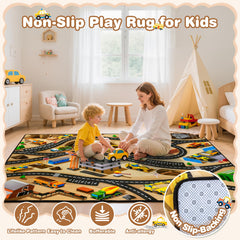 AlphabetAcre kids car rug with tufted wool and rubber for comfortable, lasting play.
