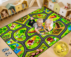 AlphabetAcre Kids Farm Play Rug front view shows a colorful farm layout for imaginative pretend play.
