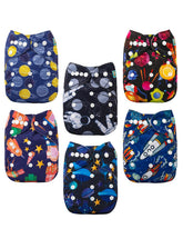 ALVABABY six-pack cloth diaper set shows six diapers and twelve inserts for reuse