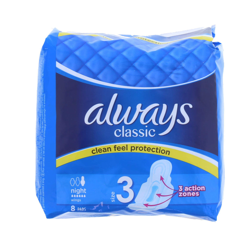 Always Classic Nighttime Pads – pack of two with a soft topsheet for gentle overnight protection.