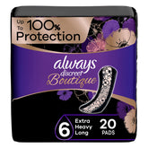 Always Discreet Boutique long 6 packaging for discreet protection on the go.