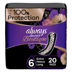 Always Discreet Boutique long 6 packaging for discreet protection on the go.