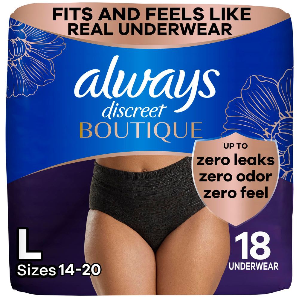 Always Discreet Boutique black 18-count pack offers discreet protection resembling real underwear