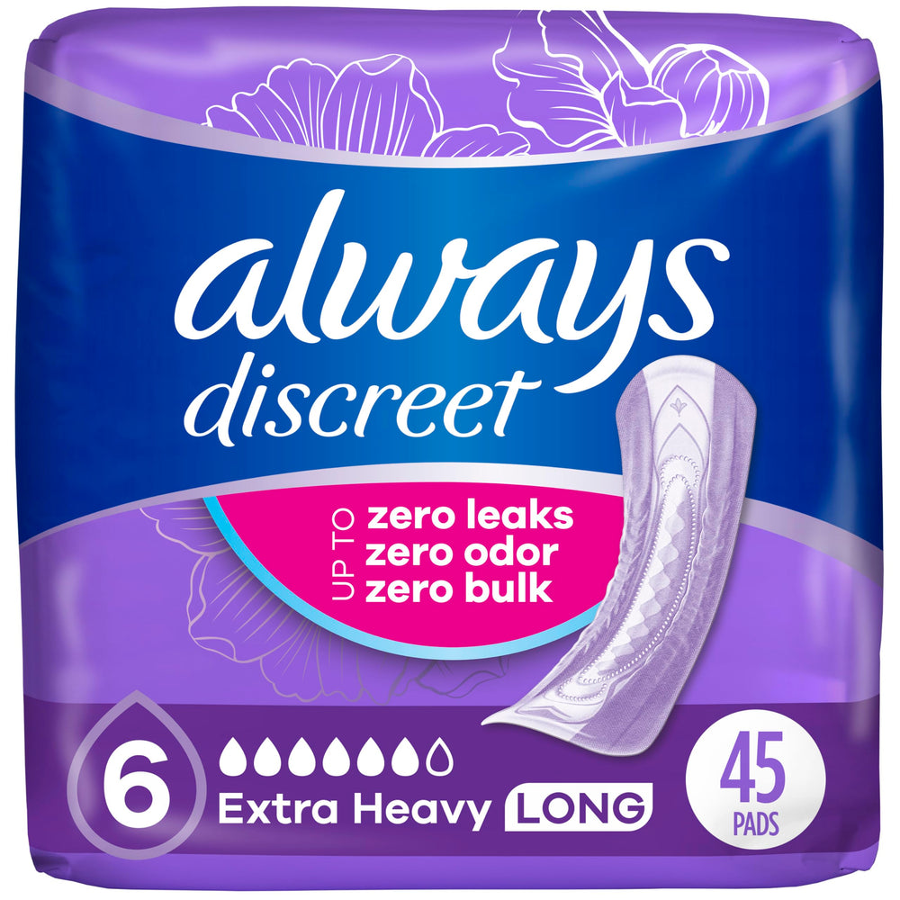 Always Discreet extra-heavy pad center coverage boosts protection against leaks.