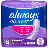Always Discreet extra-heavy pad center coverage boosts protection against leaks.