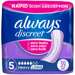 Always Discreet heavy-absorbency pad for women offers reliable protection.