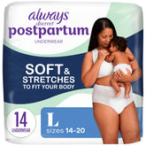 Always Discreet postpartum underwear packaging shows discreet shipping and bulk options.