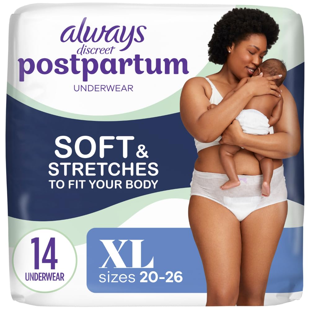 Always Discreet postpartum underwear with absorbent core offers gel-form leak protection.