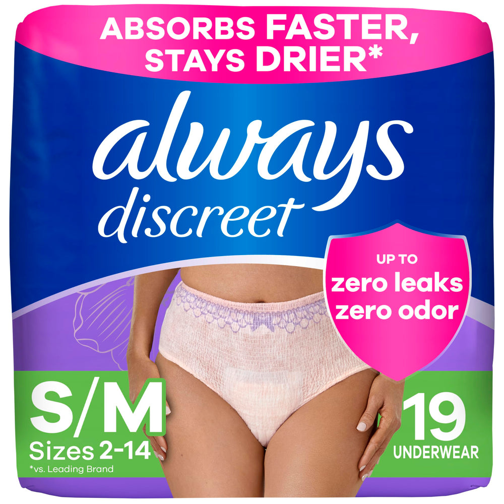 Always Discreet underwear front view with a slim, discreet fit.