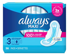 Always Maxi Extra-Long 6-pack closeup highlights absorbent core and secure packaging