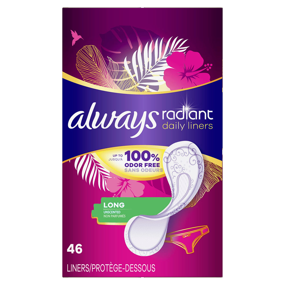 Always Radiant Daily Liners Long packaging for on-the-go odor protection