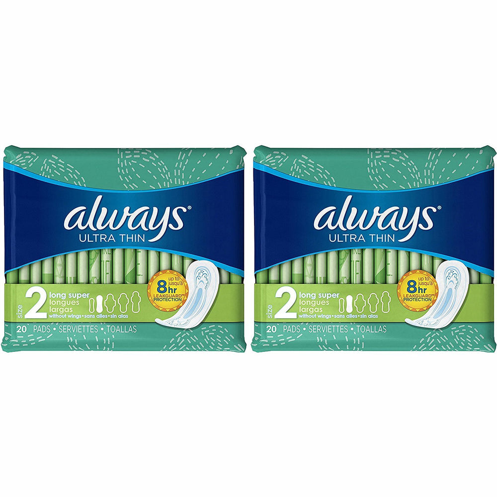 Always Ultra Thin Long Super Pads, pack of 2, 40 pads, absorbent core for protection