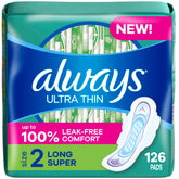 Always Ultra Thin Pads with Wings Size 2 Long Super packaging highlights eco-conscious design.