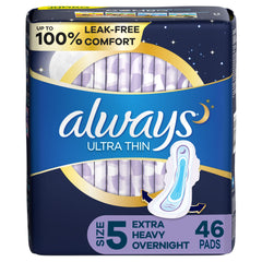 Always Ultra Thin Size 5 overnight pad with wings provides full protection for overnight use.