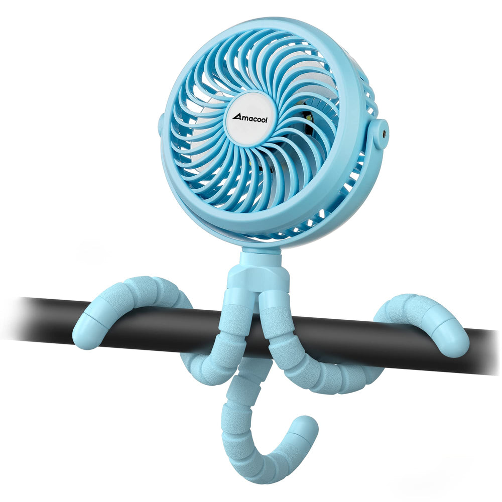AMACOOL battery-operated stroller fan clipped on for cooling on the go