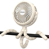 AMACOOL battery-operated stroller fan clipped securely to a stroller for cooling on the go