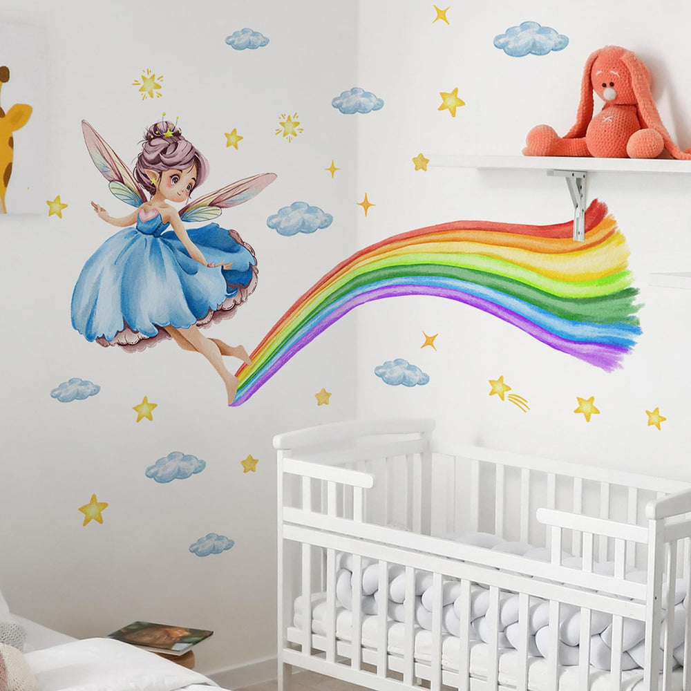 AM AMAONM magical rainbow wall stickers show the full mural for a bright kids' room.