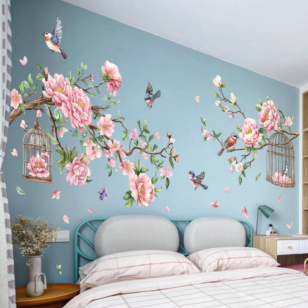 amaonm removable flowers with tree branches wall sticker peony and birdcage accents brighten any room