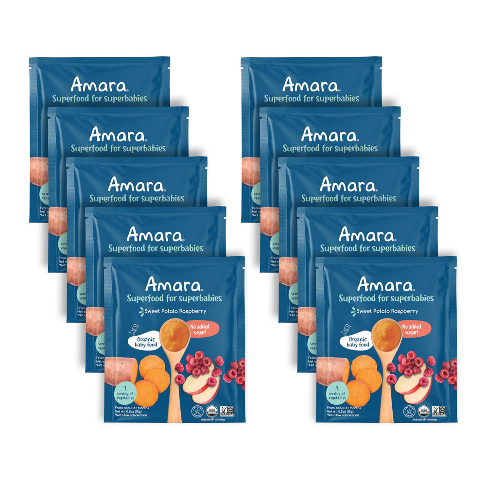 Amara organic baby food Stage 2 sweet potato raspberry pouch front, on-the-go nourishment.