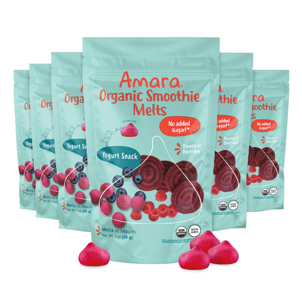 Amara Smoothie Melts Beets N Berries packaging signals convenient toddler lunchbox snack.