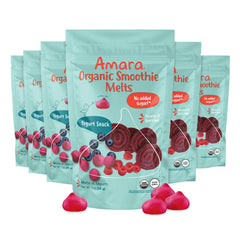 Amara Smoothie Melts Beets N Berries packaging signals convenient toddler lunchbox snack.