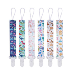 AmazingM dinosaur-pattern pacifier clip secures pacifiers on baby clothing.