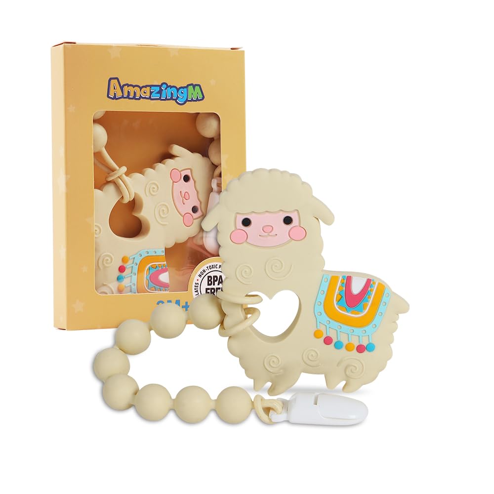AmazingM baby teether yellow llama close-up soothes gums during teething