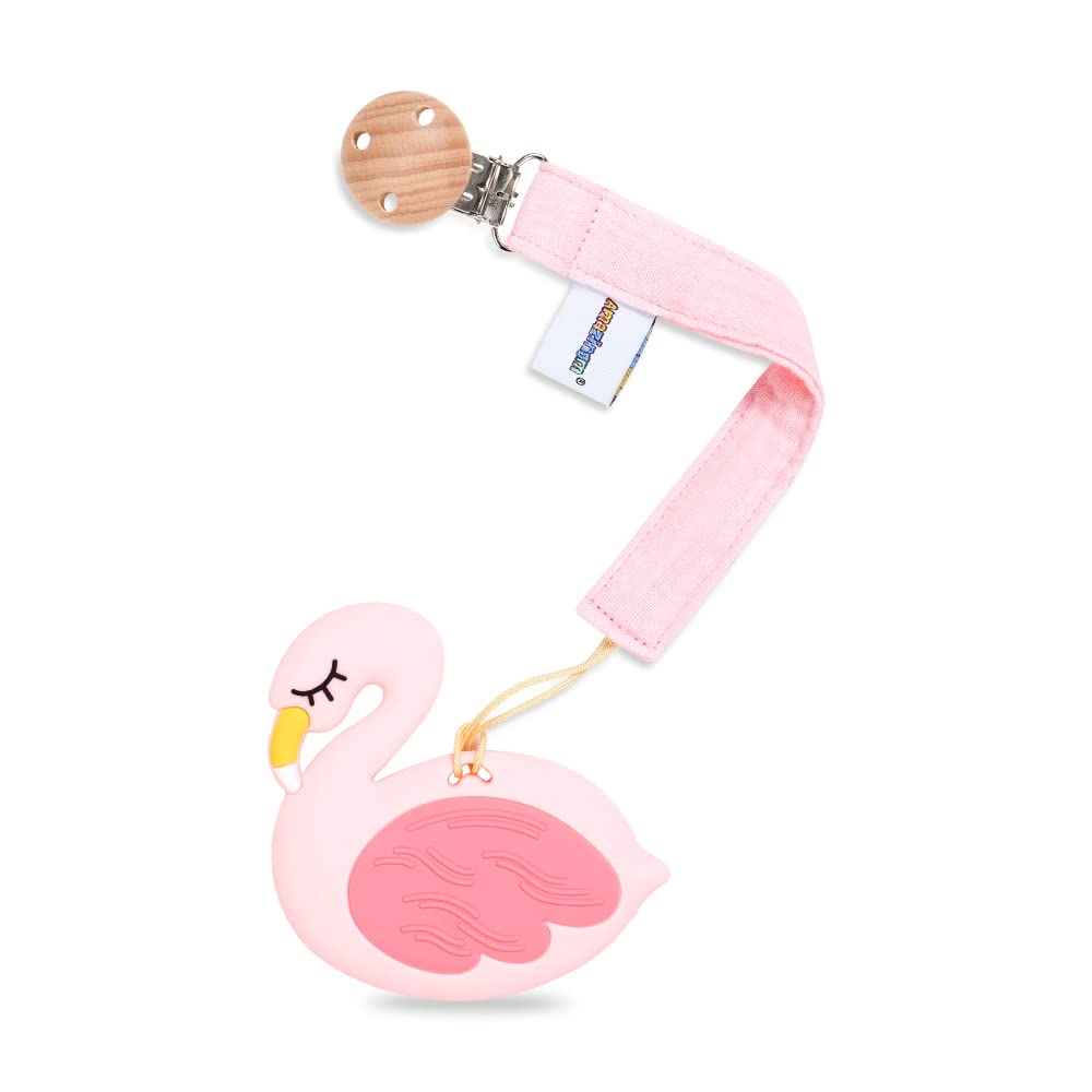 AmazingM flamingo teether in pink soothes gums during teething.